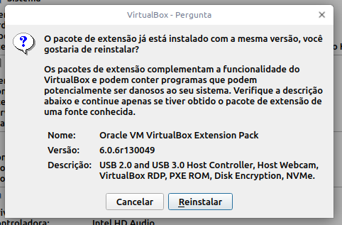Reinstalação do pacote de extensão do VirtualBox